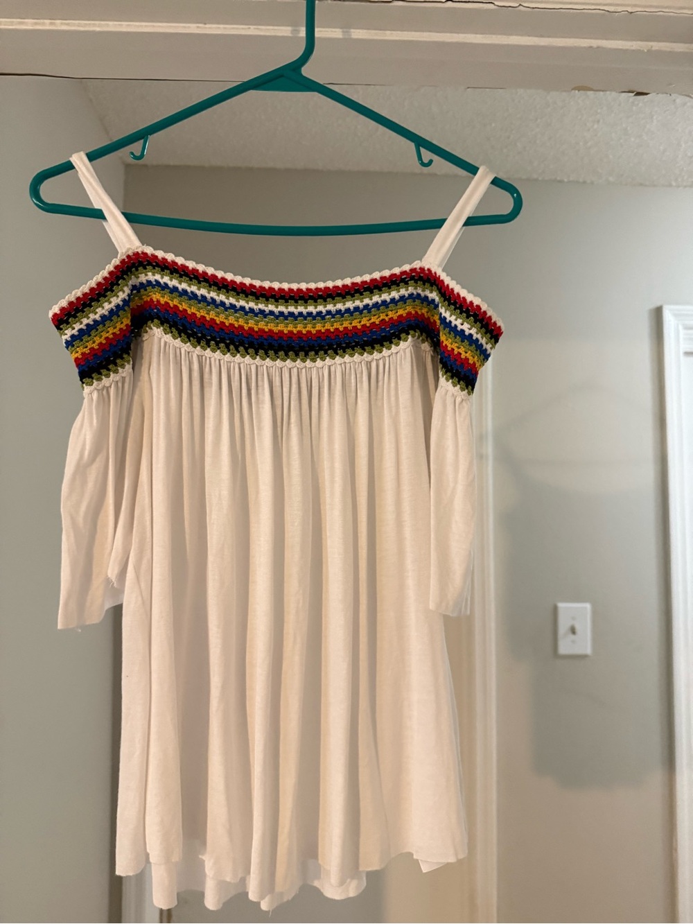 bebe White Off-Shoulder Tank with Multicolor Crochet Trim